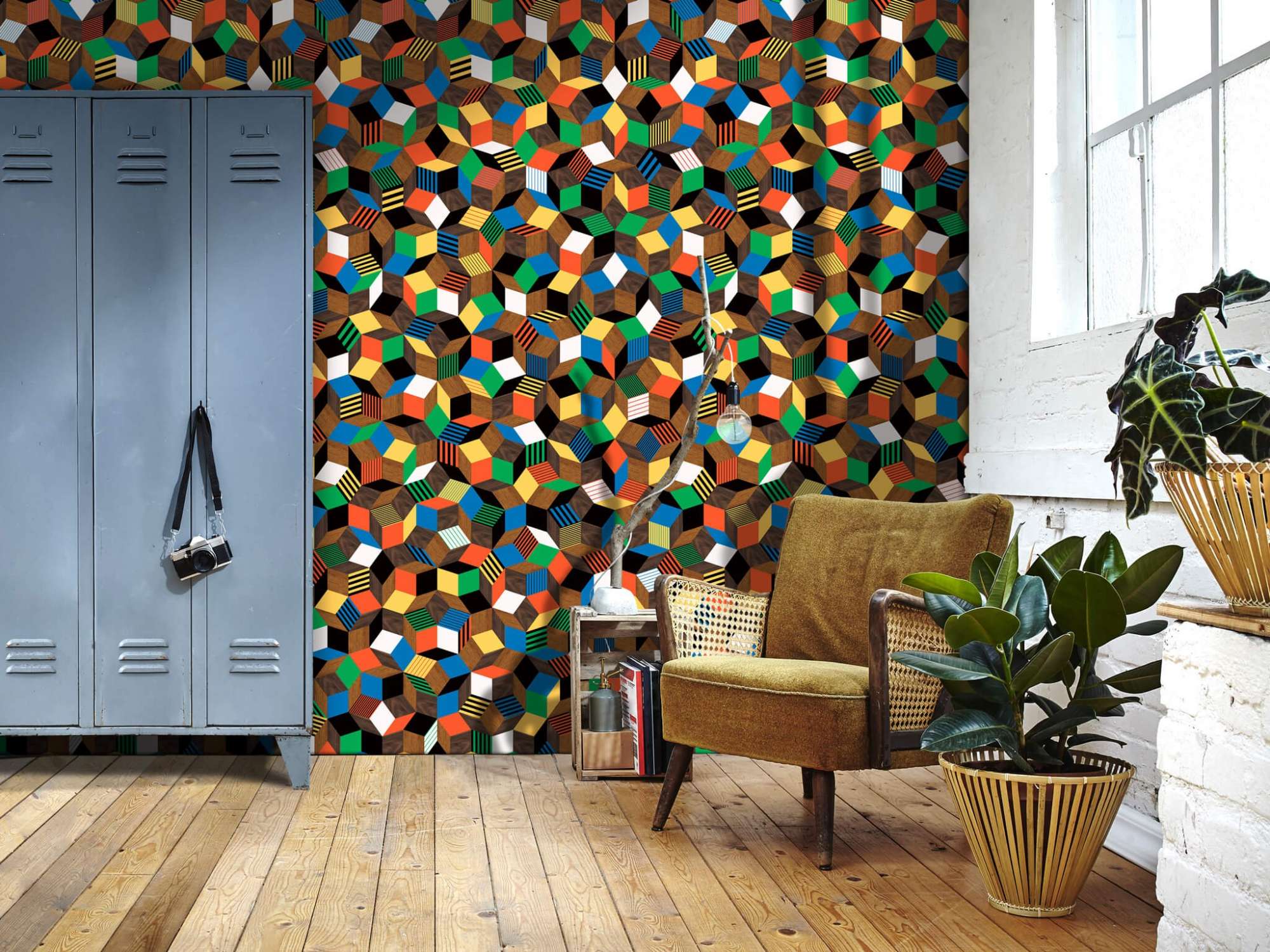 lé de papier peint avec motif géométrique penrose, collé dans un salon, design Ichetkar.