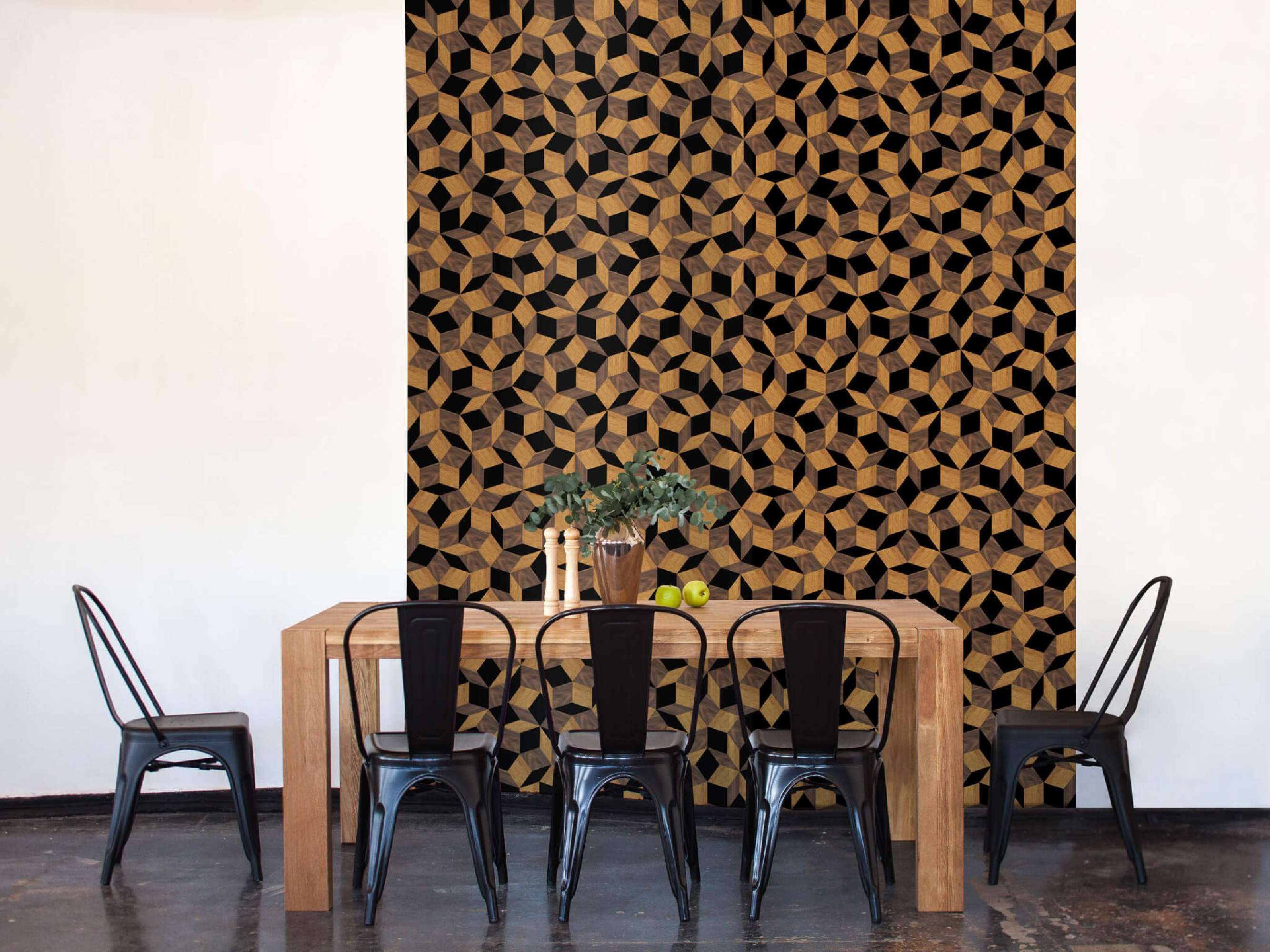 lé de papier peint avec motif géométrique penrose, collé dans une salle à manger, design Ichetkar.