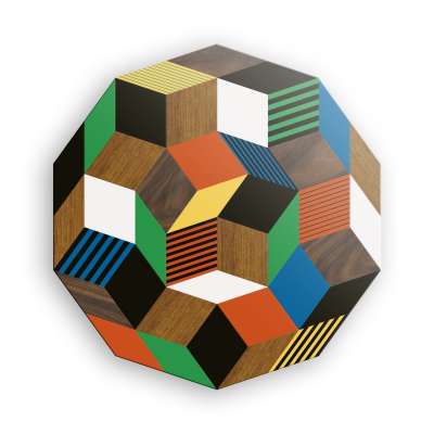 Plateau de la table basse crazy wood Penrose, motif géométrique, couleur et bois, design ichetkar