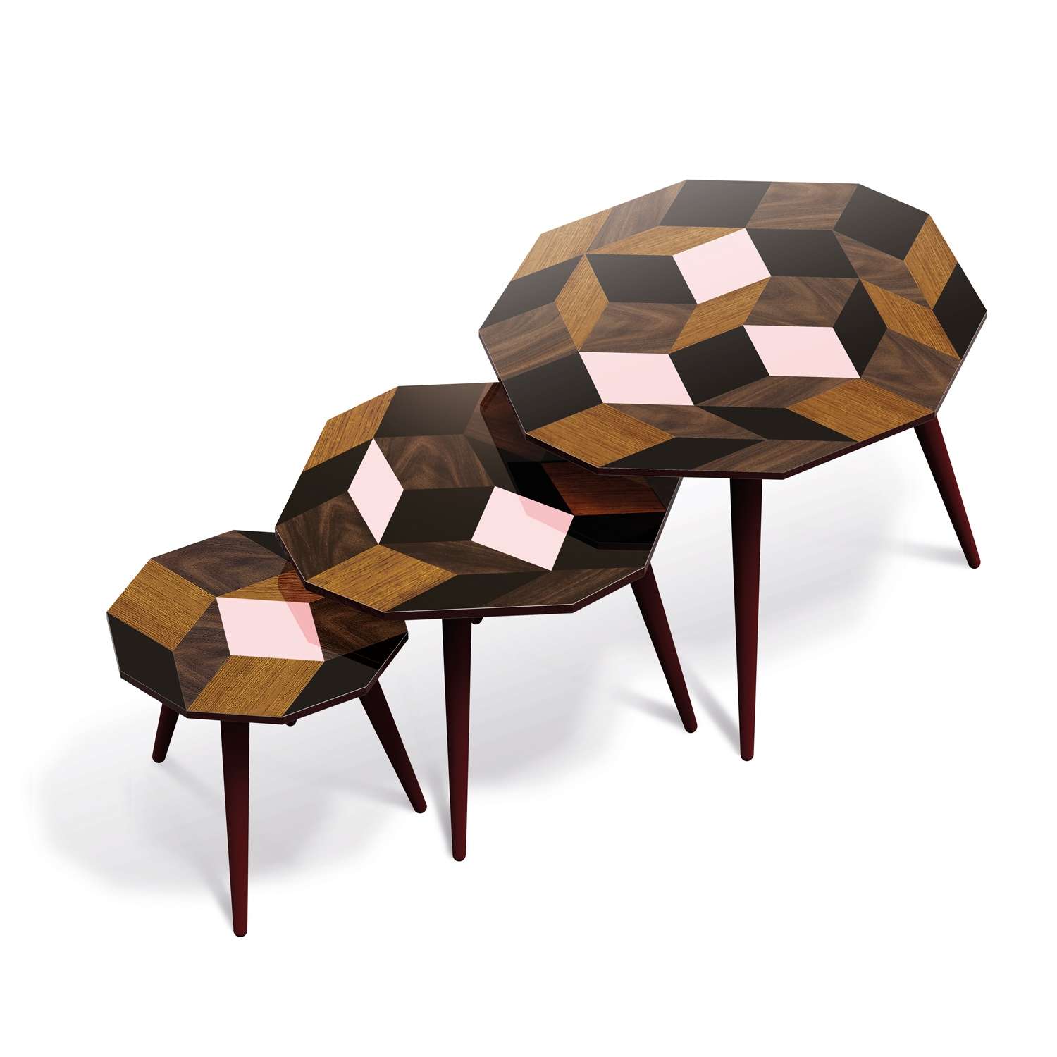 Trio de tables d'appoints, motif Penrose Spring Wood Design IchetKar édition Bazartherapy
