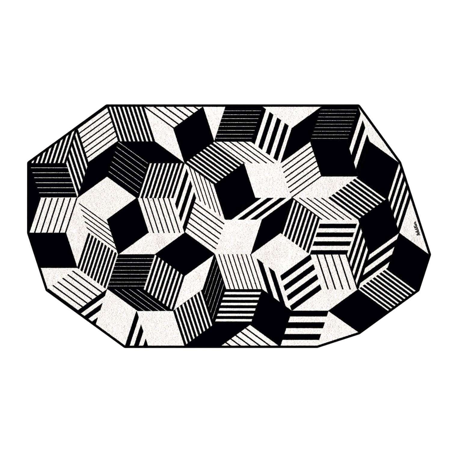 Tapis Penrose stripes black and white, fabrication française, Design IchetKar édition Bazartherapy