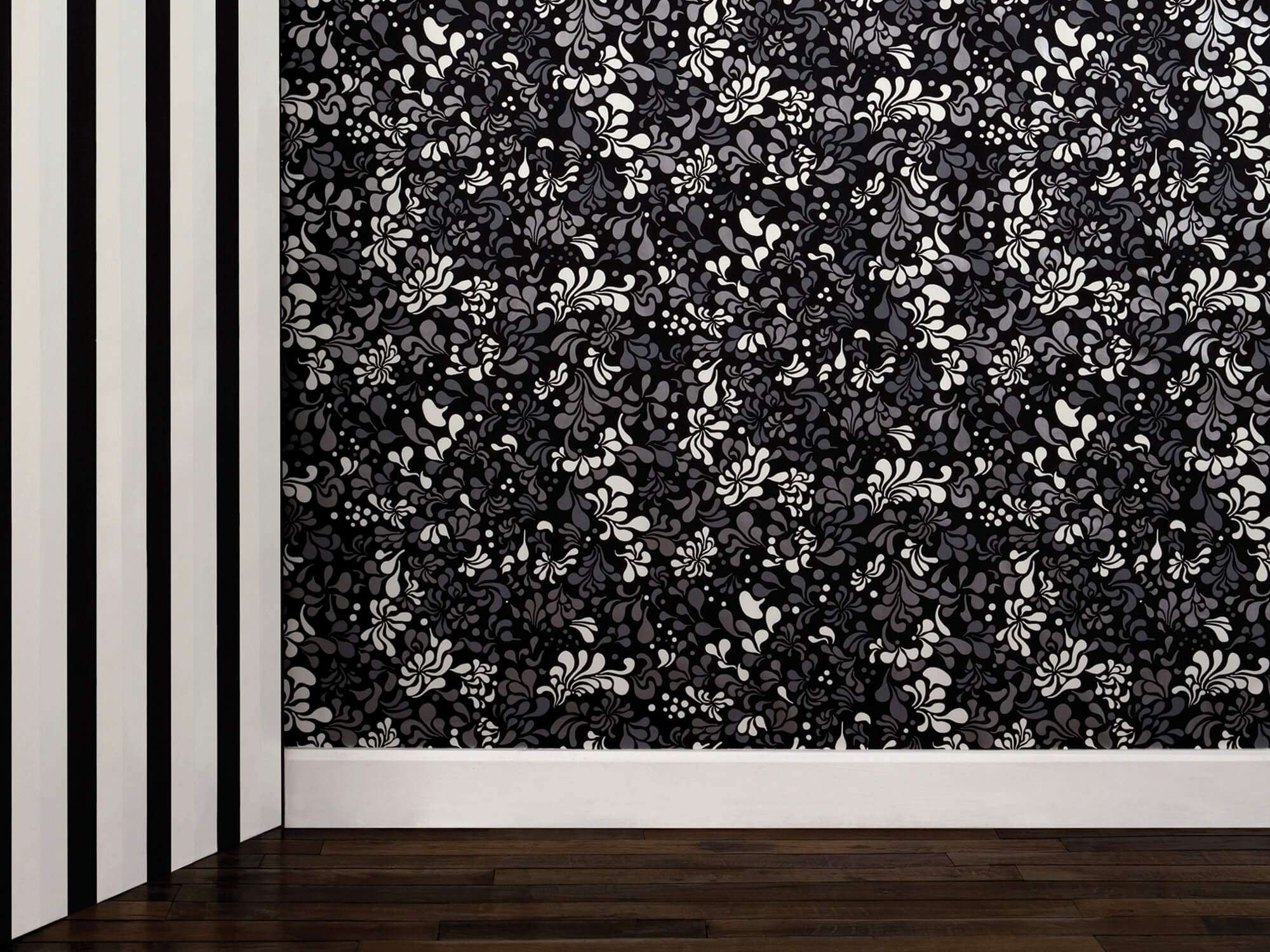 Papier peint Minipop flower gris, noir et blanc phosphorescent, design IchetKar