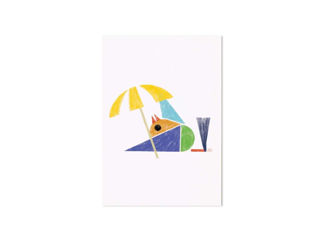 carte postale illustrée d'un petit oiseau en vacance , design Ich&Kar