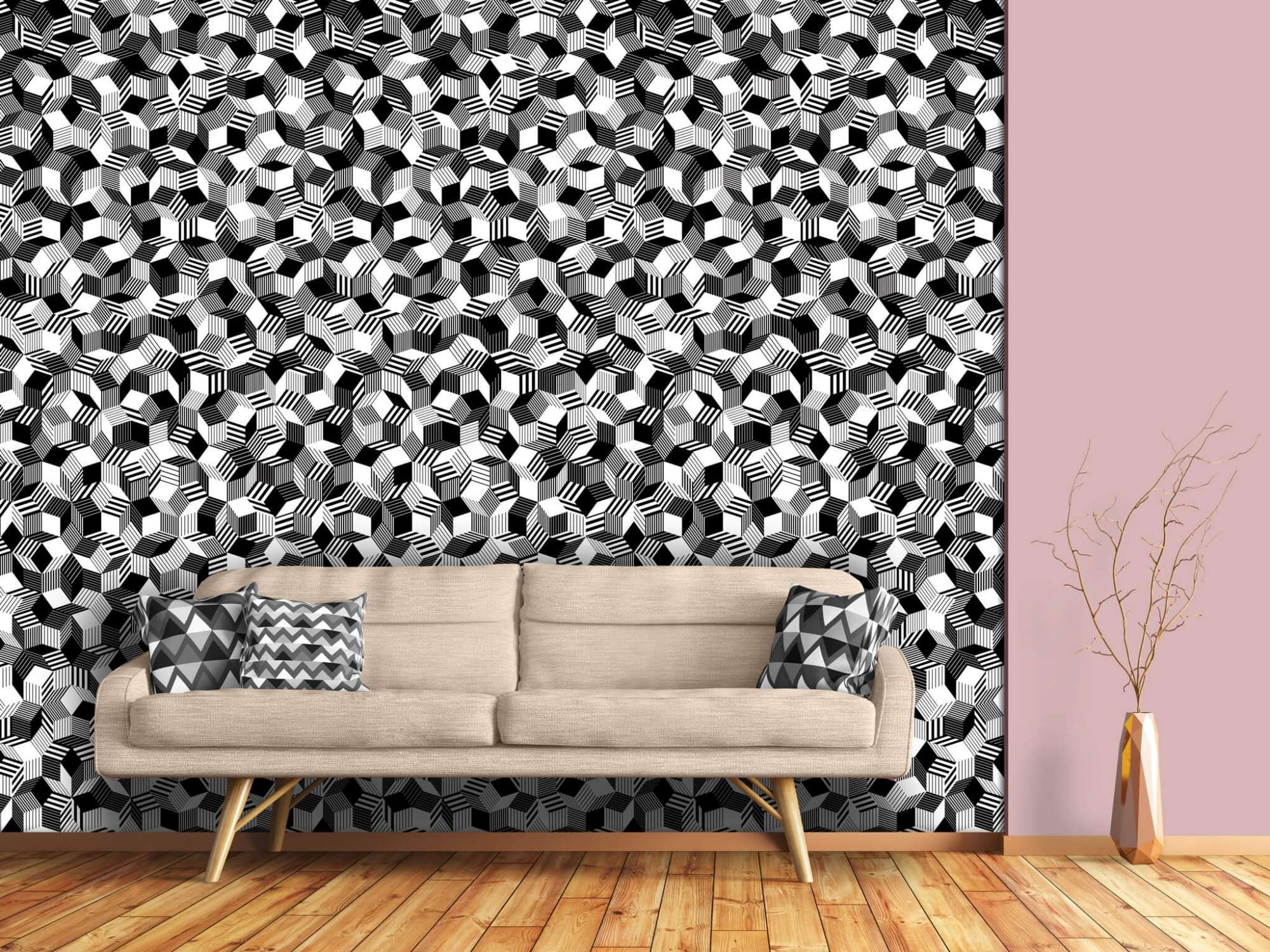 lé de papier peint avec motif géométrique penrose, collé dans un salon, design IchetKar.