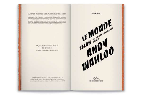 double page du livre-menu Andy Wahloo, 16 nouvelles de l'écrivain Jean Réal par le studio Ich&Kar