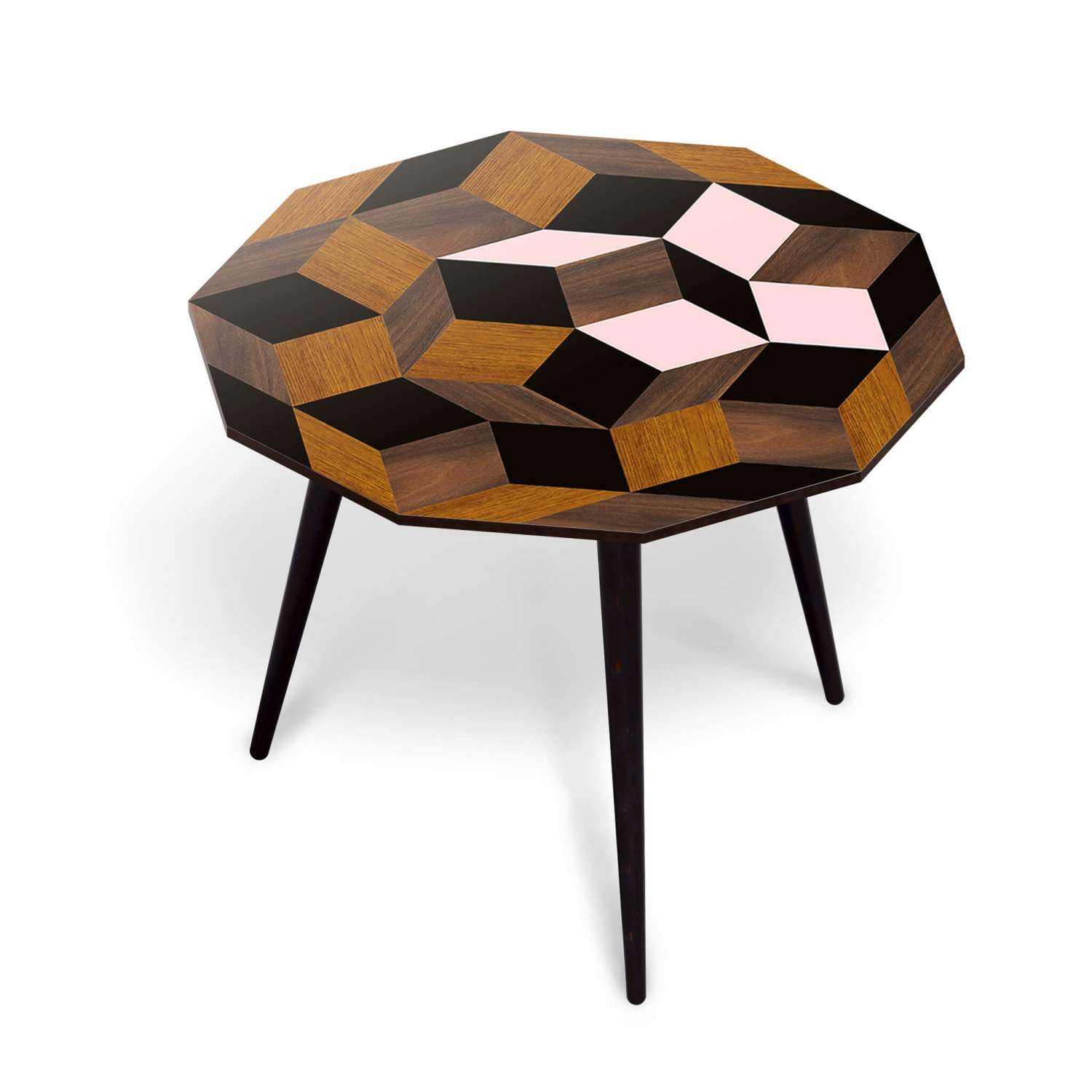 Table basse spring wood Penrose, motif géométrique crée par Roger Penrose. Marqueterie de bois et rose, design ichetkar