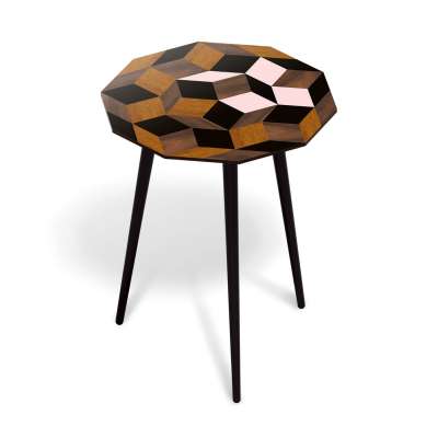 Guéridon Spring Wood marqueterie de bois, motif geometrique. Design IchetKar édition Bazartherapy
