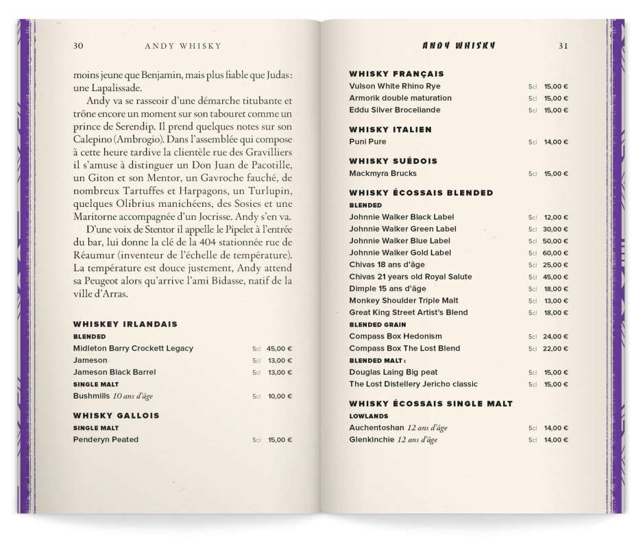 double page du chapitre andy whisky, mise en page du livre carte par ichetKar, et nouvelles par Olivier Gadet