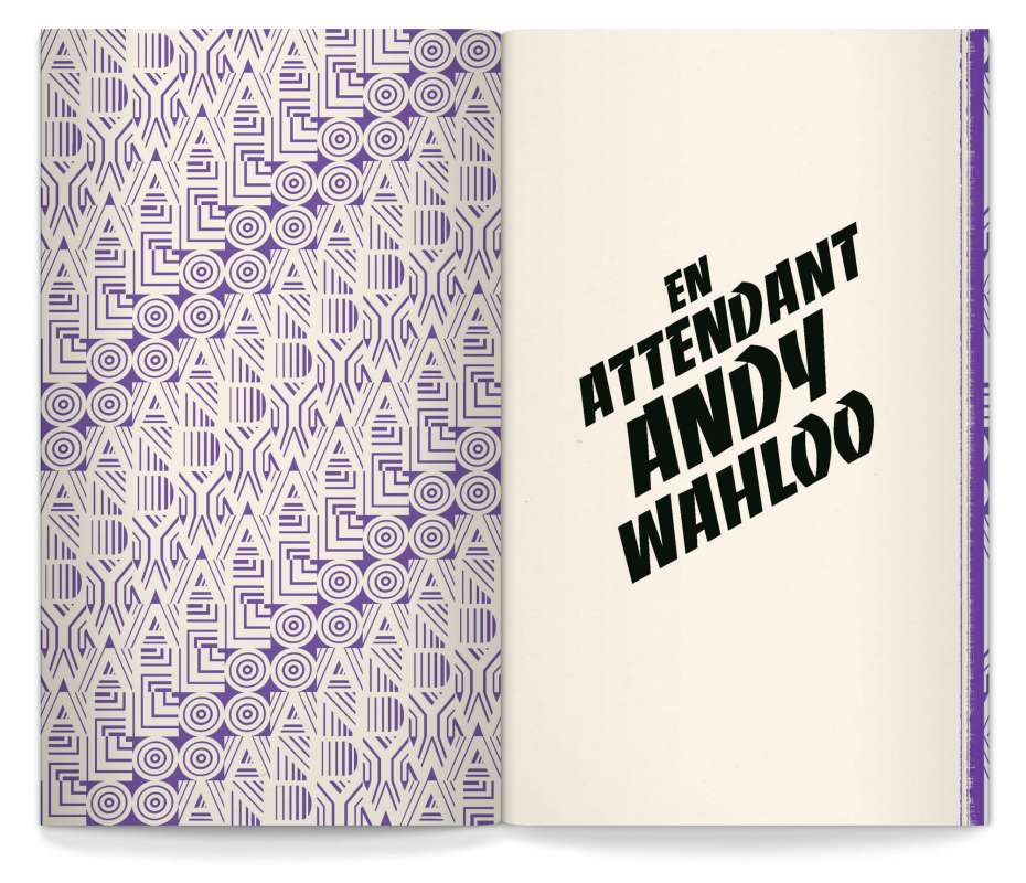 page de garde avec motif retro violet, et titre en typographie Banco, pour le nouveau livre carte des alcools de l'Andy wahloo