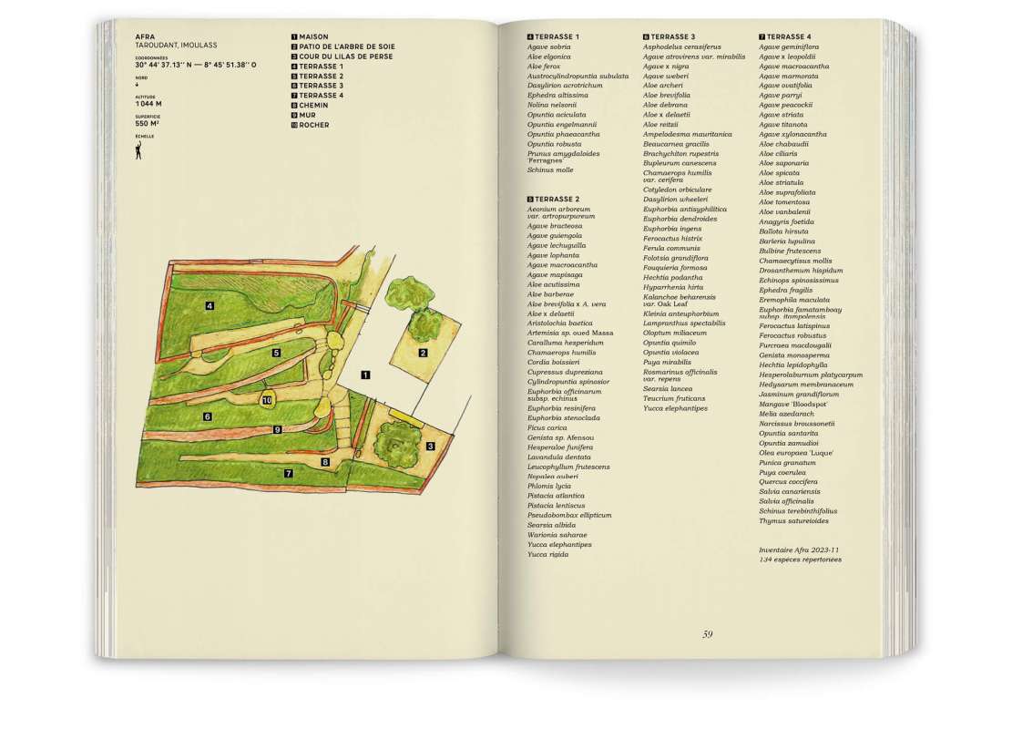 Plan dessiné et liste de plantes du jardin Afra dans le livre Onze jardins d'aridité d' Ossart + Maurières, éditions Pyramyd