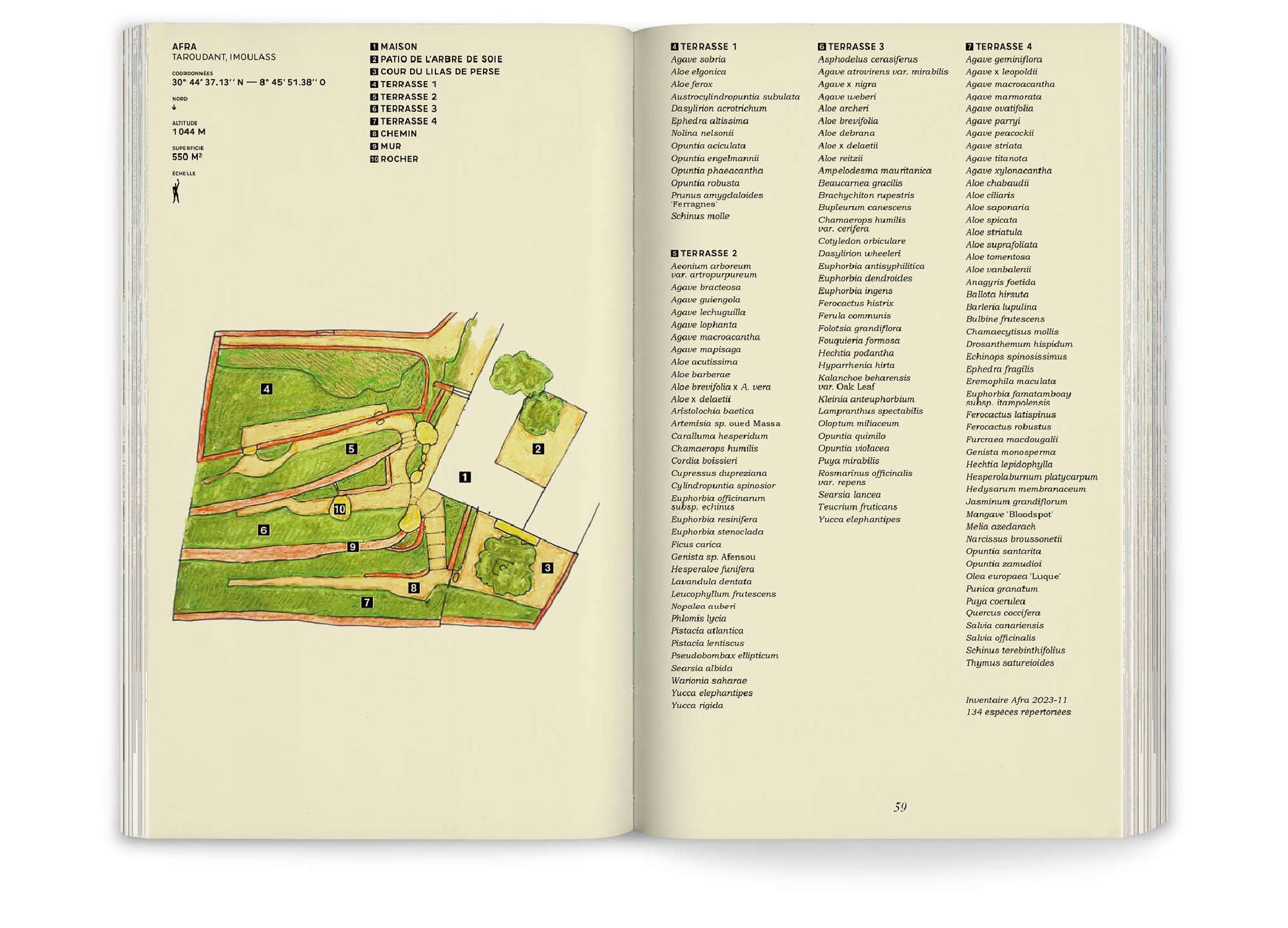 Plan dessiné et liste de plantes du jardin Afra dans le livre Onze jardins d'aridité d' Ossart + Maurières, éditions Pyramyd